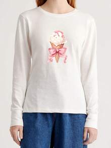 Women'S Long Sleeve T-Shirt - Striking Print - Loose Fit Round Neck Top For Thanksgiving, Everyday & Fall/Winter - Machine Washable Casual Blouse - Vintage 90s Y2K, 1pc Casual Cotton Long-Sleeved T-Shirt, Seasonal Fashion, Autumn Theme Shirt, Comfortable Fabric, Holiday Outfit, Geometric Pattern, Durable Material, Autumn Wardrobe - 白色 - 查看 1