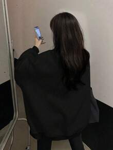 女士刺绣休闲宽松长袖套头卫衣 - 黑色 - 查看 4