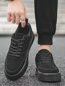 2025 New Style Men's Black Thick-Soled Sneakers, Suede Low-Top Casual Board Shoes, Versatile Sports Shoes For Daily Commute, Simple Outdoor Preppy-Style Comfortable Casual Shoes  Sporty    Lace Up - 黑色 - 查看 3