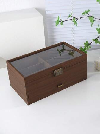 1 st glasögonfodral i valnötsträ, stor förvaringslåda för glasögon med 12 fack, dubbel lager glasögondisplay med glasfönster, perfekt present till äldre