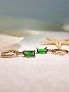 1 Đôi bông tai thủy tinh hình vuông màu đỏ lựu tối giản - màu xanh lá - Xem 3