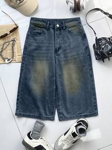 Y2K Vintage Washed Distressed Low Waist Flare Leg Denim Shorts With Side Pockets - Dark Wash - View 5