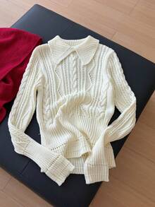 1 pieza Suéter de manga larga de punto retorcido de unicolor con cuello, diseño de cintura ajustada, parte superior versátil de invierno para mujeres - Albaricoque - Ver 2