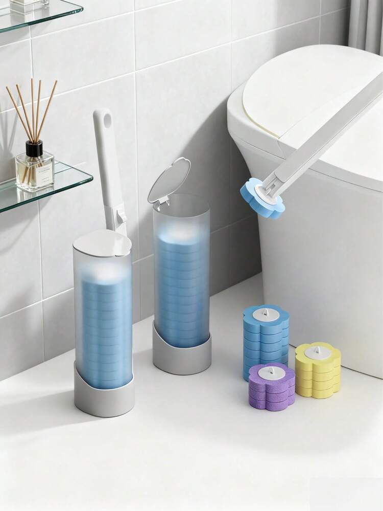 1 pieza Cepillo de baño desechable con cabezal de repuesto, cabezal de esponja perfumada (limón/océano/lavanda), herramienta de limpieza de baño con estante de almacenamiento - Cabezales de cepillo de baño desechables en 3 colores (amarillo, azul, morado) - Añade 3