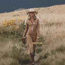 2025 European And American Retro Western Cowboy Girl Slim Fit Hem Tassel Dress - màu xanh da trời - Xem 5
