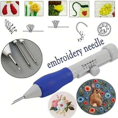 1 Piece Magic Embroidery Pen Set, Embroidery Threading Needle Set, Adjustable Needle Size, Suitable For DIY Sewing, 3 Needles With Threader And Scissors, Ergonomic Fabric Craft Design