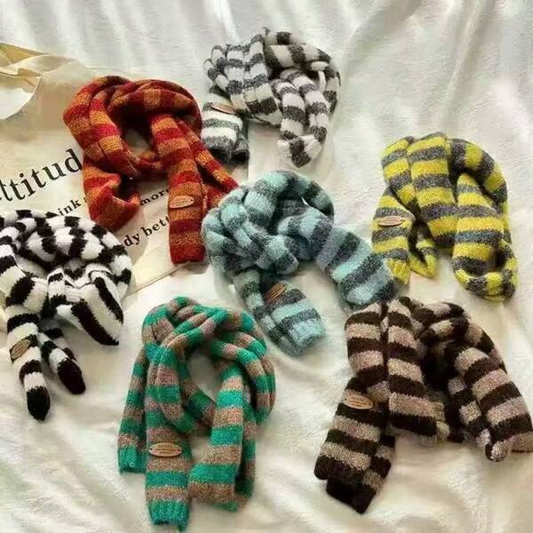 条纹小围巾，针织修身时尚撞色围脖，男女通用，秋冬款