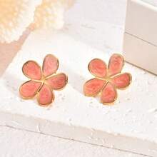 New Stainless Steel Non-Fading 5-Leaf Flower Stud Earrings, Fresh & Sweet 7-Color Flower Earrings, Lucky 5-Leaf Clover Earrings Suitable For Women & Girls, Delicate Flower Pendant Earrings With Soft & Elegant Design, Fashionable 7-Color Decorative Earrings - Wedding Party Jewelry, Exquisite & Cute Accessories For Carnival, Christmas, Valentine's Day, Mother's Day, Suitable For Daily Wear And Gatherings - Gold - View 9