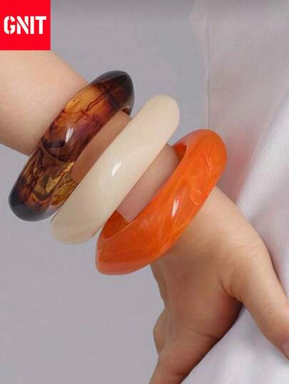 GNIT 3pcs Set Exaggerated Asymmetric Semi-Transparent Acrylic Bracelet, Unique Versatile Design, Suitable For Women