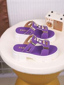 1 par de zapatillas de cuero sintético con suela gruesa para niños, de estilo minimalista y de moda, adecuadas para el verano - Morado - Ver 5