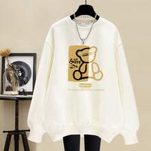 Women's Round Neck Cotton Fleece Lined Sweatshirt Plus Thick Warm Spring Autumn Winter High Street Casual Loose Age Reducing Pullover Top Outerwear - 白色(DD15熊寶寶印前)重磅純棉 - 查看 11