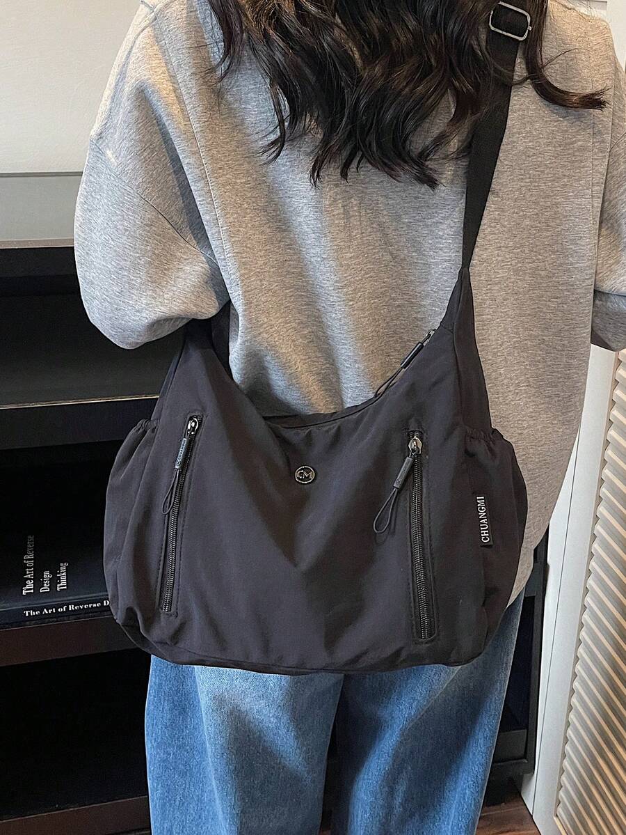 2025新款女款單肩包,小眾設計,大容量,通勤休閒百搭簡約時尚斜挎包,PU皮革牛仔效果設計,純色,舒適材質,可拆卸肩帶手提包,多個拉鍊口袋,空間寬敞,秋季托特包 - 黑色 - 查看 1