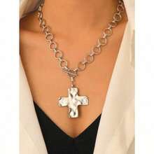 1 Retro Simple Exaggerated Fashion Metal Geometric Round Hammer Pattern Cross Pendant Necklace OT Buckle Thick Chain Jewelry Suitable For Women's Daily Wear Chunky Jewelry - 銀色 - 查看 7