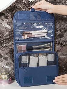 1 pieza Bolsa de aseo de viaje impermeable y grande con gancho, organizador de maquillaje plegable para cosméticos, cuidado de la piel, maquinillas de afeitar, artículos de cuidado personal, bolsa colgante de artículos de tocador de varios colores, bolsa espaciosa de artículos esenciales de viaje para mujeres/hombres - Azul - Ver 1