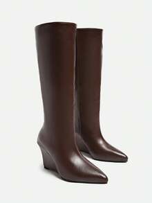 Fall/Winter 2025 New European And American Style Pointed Toe Over-The-Knee Fashionable Tall Boots, Slimming Wedge Heel Straight Shaft Riding Boots For Women - Brown Leather - View 3