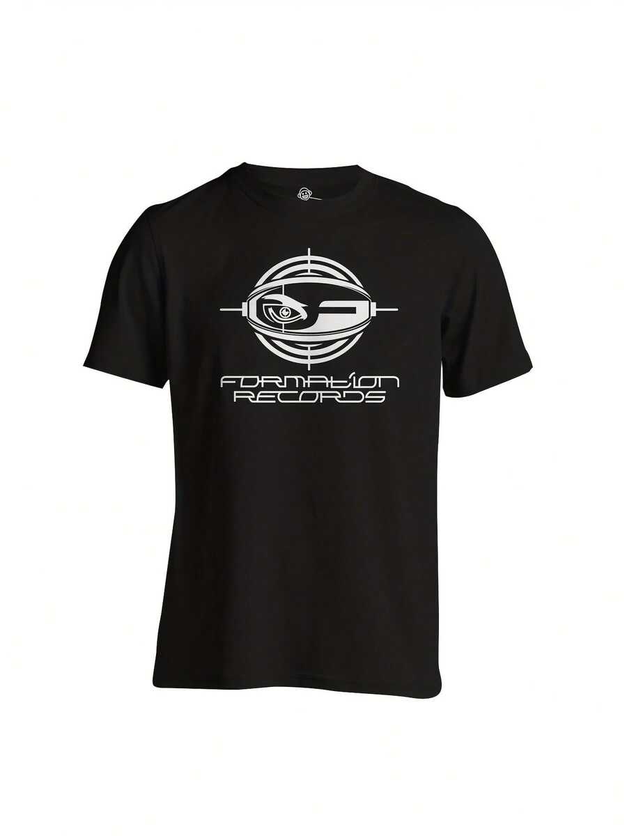 Men's Formation Records Rave T-Shirt - Darkcore Techno Jungle Breakbeat Hardcore Music Graphic Tee With Soundwave & Record Print, All-Season Casual Round Neck Shirt For Rave Outfits & Casual Attire (Machine Washable, Dry Cleanable, Regular Fit, Black With White Music Logo, Ideal For Techno & Hardcore Fans) - Men's Fashion With Bold Music-Themed Design, Featuring Formation Records Logo & Soundwave Graphics - 黑色 - 查看 1