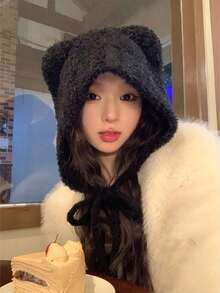 1顶纯色毛绒系带帽，可爱猫耳帽，无檐针织帽，保暖冬季日常购物旅行帽 - 彩色 - 查看 5