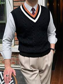 Men's Collegiate Style Patchwork Cable Knit V-Neck Sweater Vest - Black - View 5