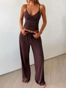 GAOVOT 2pcs/Set Women's Sexy Casual Deep V Backless Camisole And Loose Straight Leg Pants Suit, Autumn - Brown - View 1