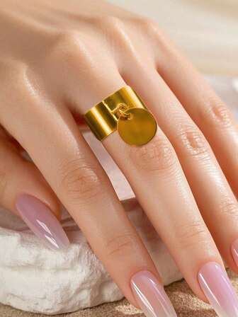 1 Pc Minimalist Fashionable Round Open Ring, 18K Gold Plated Stainless Steel Adjustable Size Finger Ring, Suitable For Men And Women Daily Wear