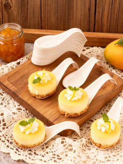 100/50/10支装一次性甘蔗勺，12.5厘米/5英寸，两种款式（弯柄和直柄），适用于寿司、甜点、汤品，是派对、庆典、寿司晚餐的理想之选，也是家庭厨房和餐厅的必备品。