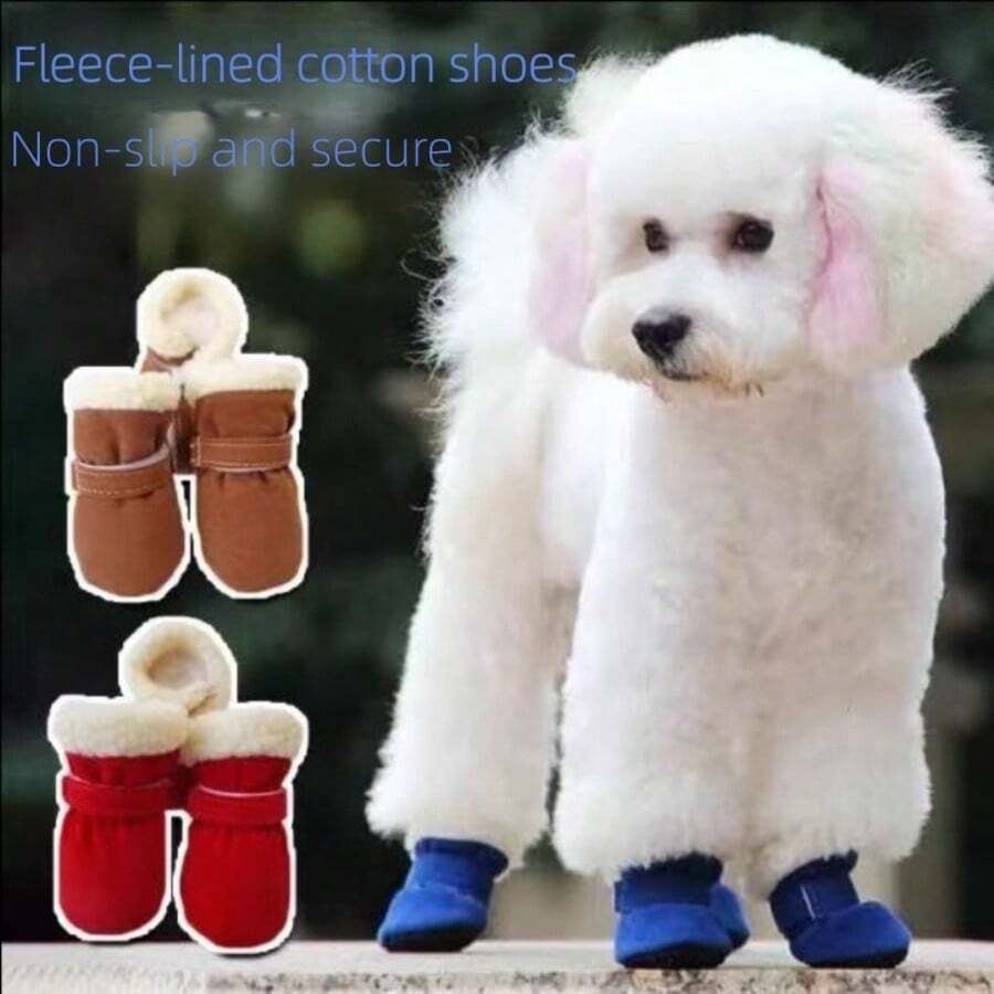 4pcs/Set Pet Dog Shoes, Winter Candy Color Plush Thickened Warm Anti-Slip Winter Shoes Lining, Dog Boots Soft Bottom Dog Shoes (Fur On The Shoe Surface Is Normal) - Multicolor - View 1