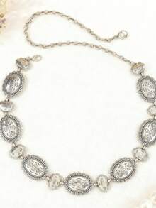 Middle Eastern Style Metal Carved Inlaid Waist Chain, Versatile White Waist Belt Chain For Skirts, Solid Color Casual Bohemian Retro Party Zinc Alloy, Spring/Summer/Autumn/Winter - 銀色 - 查看 3