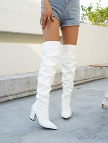 Women's Fashionable Pleated Western Over-The-Knee Chunky Heel Boots - White - View 3