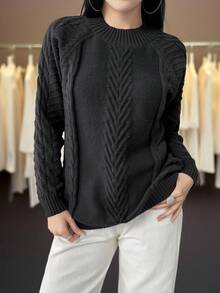 Plus Size Crew Neck Casual Solid Color Long Sleeve Knit Sweater Black - Black - View 8