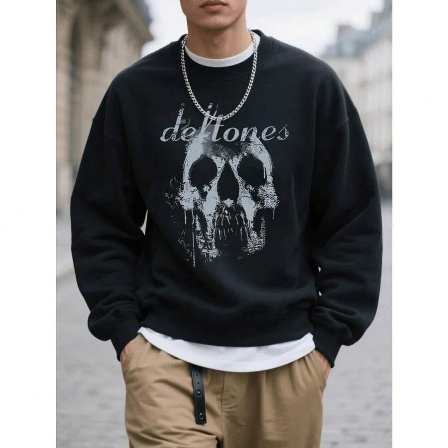 Men's Crew Neck Sweatshirts Skull And 'defton Es' Band Tribute Printed Graphic Print Casual Pullover Sweatshirt For Fall Winter Hoodies Y2kwomen's Winter Clothes Sweatshirts Warm Clothes For Woman Cute Winter Clothes Crewneck Sweatshirt Oversized Sweatshirt Woman Cozy Women Sweatshirts Crewneck Sweatshirt Women - 黑色 - 查看 1