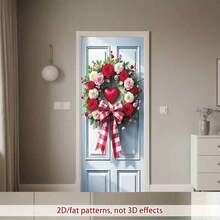 2D Flat, 1 Pc Valentine's Day Heart Wreath Door Hanging, Polyester Rose Garland With Colorful Bows, Multipurpose Indoor/Outdoor Decor - 1PCS - View 3