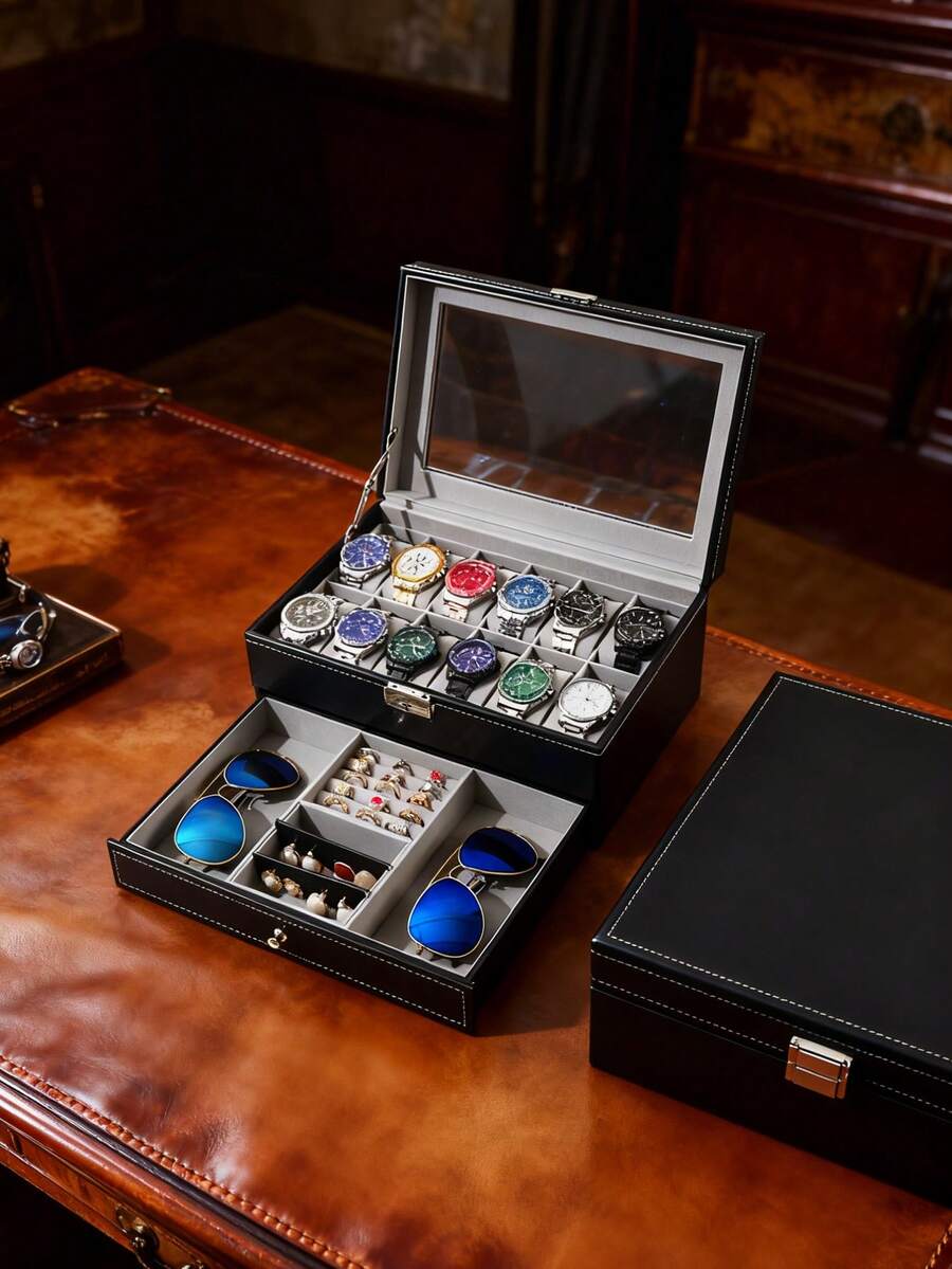 1 pieza Caja de reloj de cuero, Estuche de exhibición de almacenamiento de relojes, Decoración del hogar, Caja de exhibición de mercado de pulgas, Caja de regalo elegante y minimalista - Multicolor - Ver 1