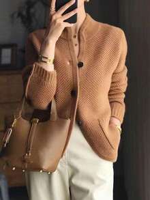 Autumn/Winter New Elegant Loose Fit Commuter Cardigan, Vintage Sheep Wool Knit Open Front Sweater Jacket For Women - Khaki - View 4
