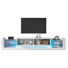 High-Gloss TV Cabinet With LED Lighting, 181 Cm – For TVs Up To 80 Inches, Glass Front, Two Fold-Down Drawers - White - View 4