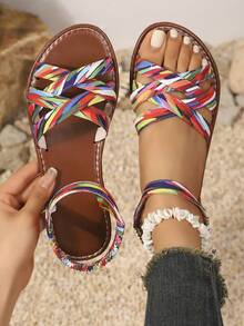 2025 Summer New Coffee Brown Woven Leather Lace-Up Flat Sandals With Buckle, Suitable For Women; Women's Ankle Strap Flat Sandals, Black Mule, Elegant Faux Suede Casual Shoes; Summer Open Toe Slides; Lace-Up Sandals; Slippers - Multicolor - View 5