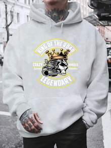 Men's Hooded Sweatshirt, Men's Fashion Black Hoodie With Skull And Crown Print King Of The Road Legendary Crazy Speed Wheels Racers For Daily Use And Social Occasions Winter Spring, Christmas Outfit Ideas, Perfect For Outdoor Activities, Parties, And The Best Gift For Friends. - 灰色 - 查看 1