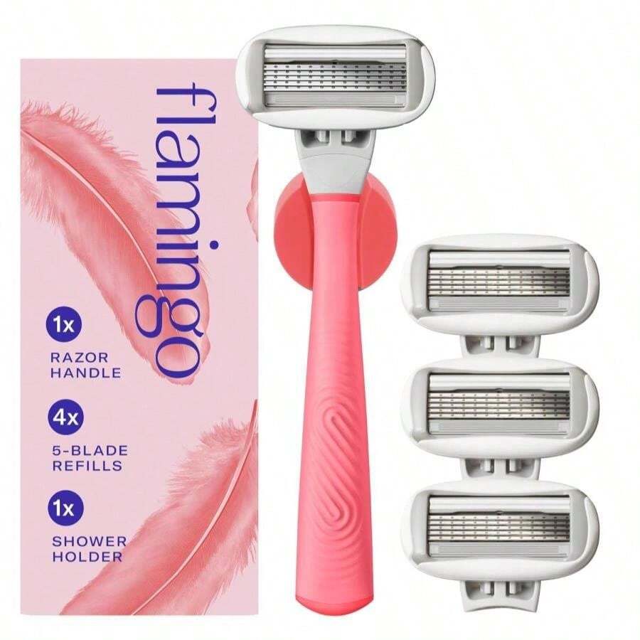 Flamingo Shaving Razor Set For Women - Original Razor Handle, 4 Blade Refills, And Shower Holder - Pink - ColorC - 查看 1