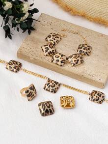 一套复古豹纹几何方形哑光项链、手链、戒指、耳环首饰套装，独特优雅的日常女士礼物 - 彩色 - 查看 3