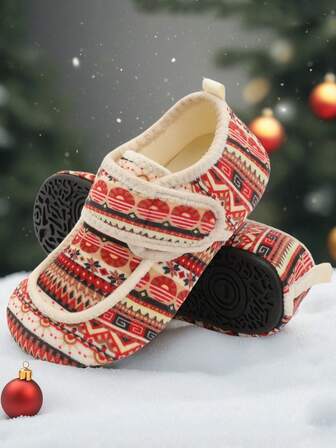女士圣诞休闲魔术贴软底抓绒套脚拖鞋，保暖防滑，室内/室外皆可穿着，秋冬季