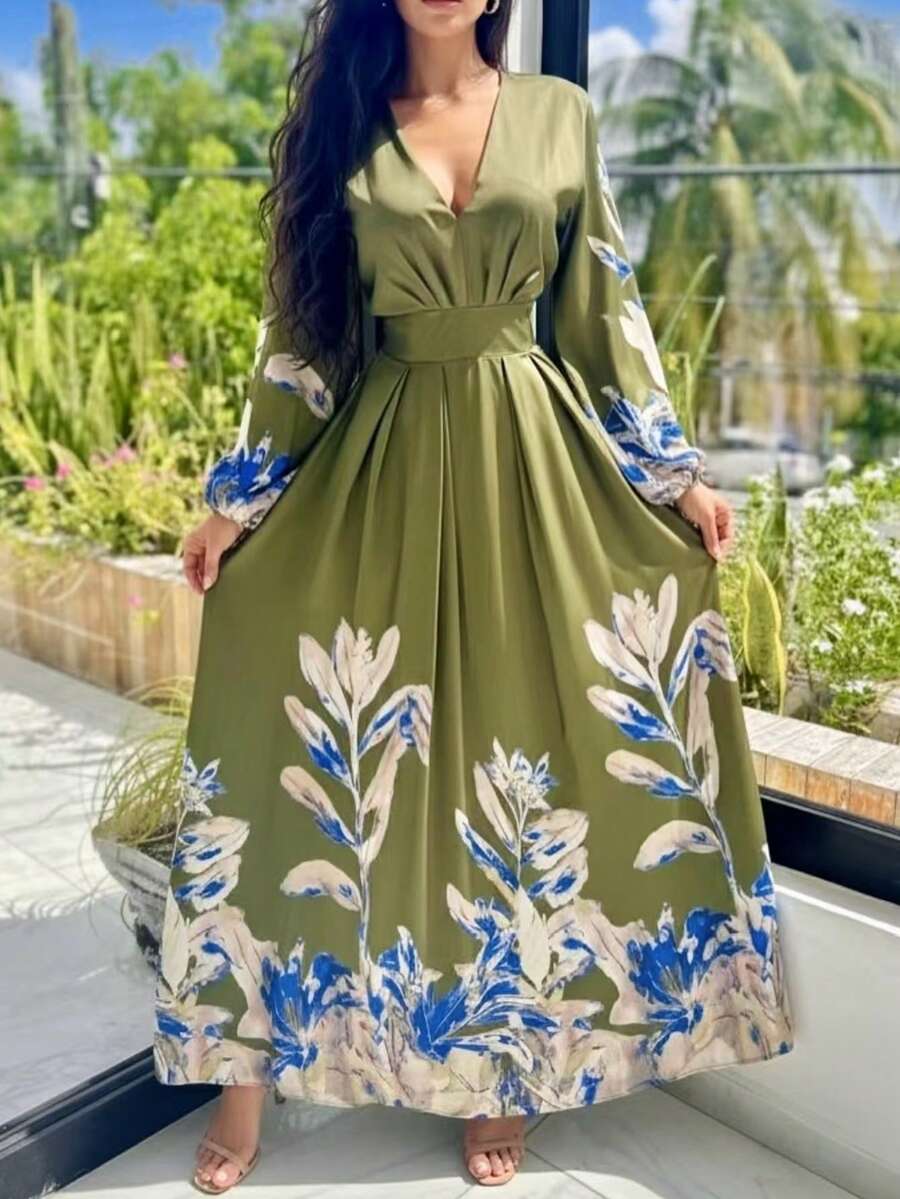 Women's Floral & Leaf Print Elegant Bohemian Vacation Dress - Green - View 1