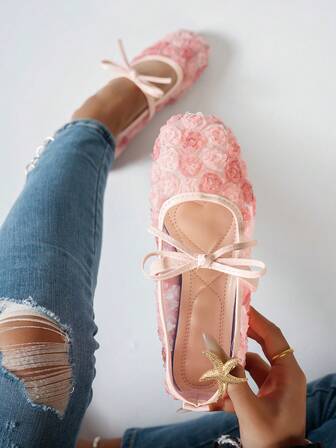 White Women Ballet Shoes With Bow Decor & Floral Embroidery, Black Breathable Hollow Mesh Summer Sandals, Square Toe Glitter Wide Fit Mary Jane Shoes