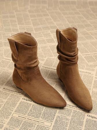 Stylish Short Boots, New Autumn/Winter Vintage Maillard Stacked Heel Pointed Toe Slip-On Brown Boots