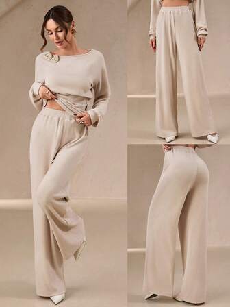 女士新款秋冬休闲弹力高腰直筒裤 - 面料柔软舒适，适合日常休闲穿着和购物