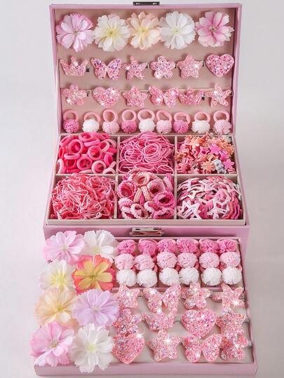 444件/套 女孩粉色皇冠、蝴蝶、海星、爱心、花朵、星星发夹，可爱公主侧刘海夹，弹性发夹，发箍，发圈，日常使用