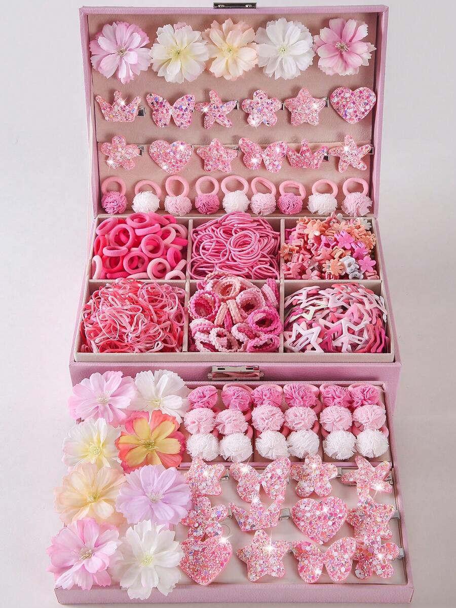 444件/套 女孩粉色皇冠、蝴蝶、海星、爱心、花朵、星星发夹，可爱公主侧刘海夹，弹性发夹，发箍，发圈，日常使用 - 彩色 - 查看 1