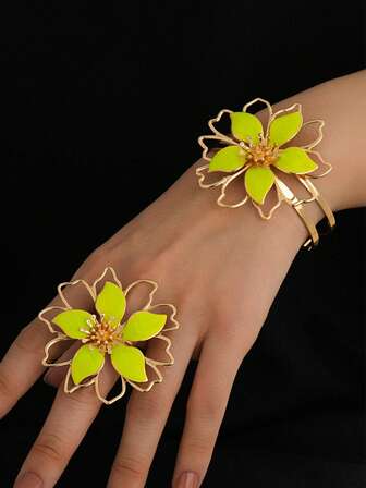 1 Set Fashionable Vintage Geometric 3D Floral Rhinestone Bracelet, Bangle, Ring Jewelry Set, Party Gift For Women