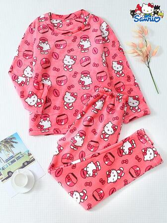 Sanrio Women's Thick Fleece Hello Kitty Pajama Set, Long Sleeve Round Neck Top And Long Pants, Soft Comfortable Casual Sleepwear Homewear Set For Autumn/Winter