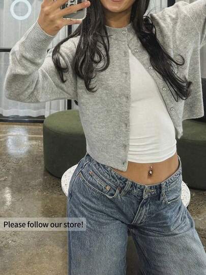 1pc Teen Girls Casual Outdoor Solid Color Crew Neck Cropped Long Sleeve Knit Cardigan Sweater, Thick For Autumn/Winter