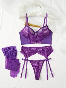 4-Piece Sexy Series Hollowed Out Straps Lace Bow Ladies Sexy Underwear Set,Christmas Lingerie,Christmas Lingerie Women,Lingerie For Women,Lencería Erótica De Mujer,Lingerie Set,Christmas Outfit Women,Lingerie For Women Roleplay,Lingerie For Women>Costume,Sexy Lingerie - Màu tím đậm - Xem 3