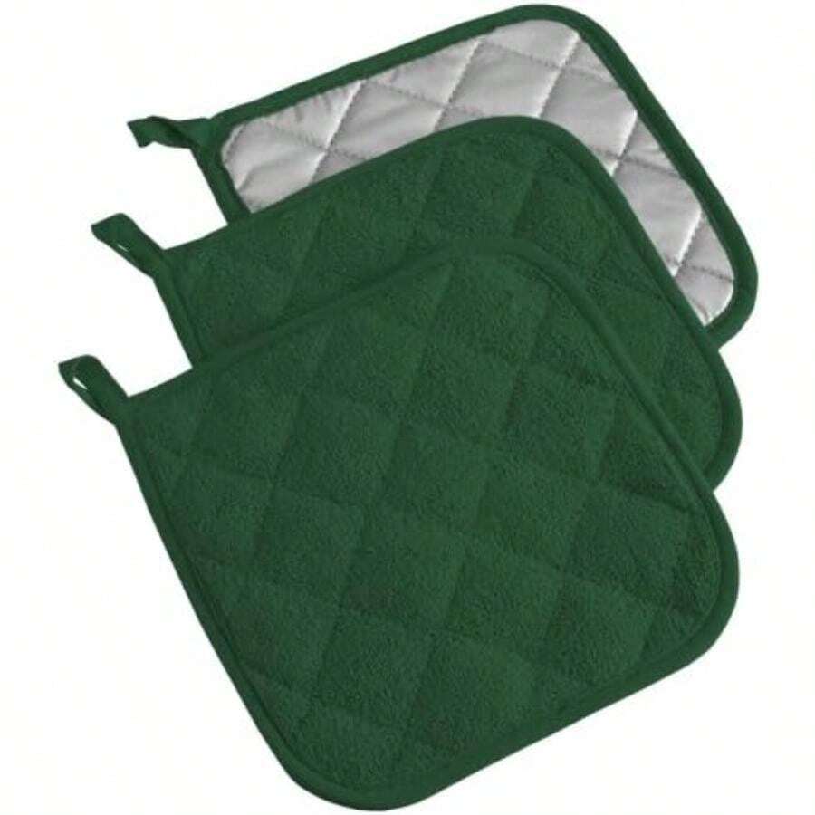 DII Everyday Kitchen Basic Juego de 3 aislantes de calor para sartén, de toalla, 100% algodón, apto para lavar en lavadora, para uso diario en la cocina, negro(Agarraollas Verde Oscuro) - Multicolor - Ver 1